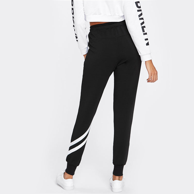 Striped Trim Palazzo Sweatpants - Black