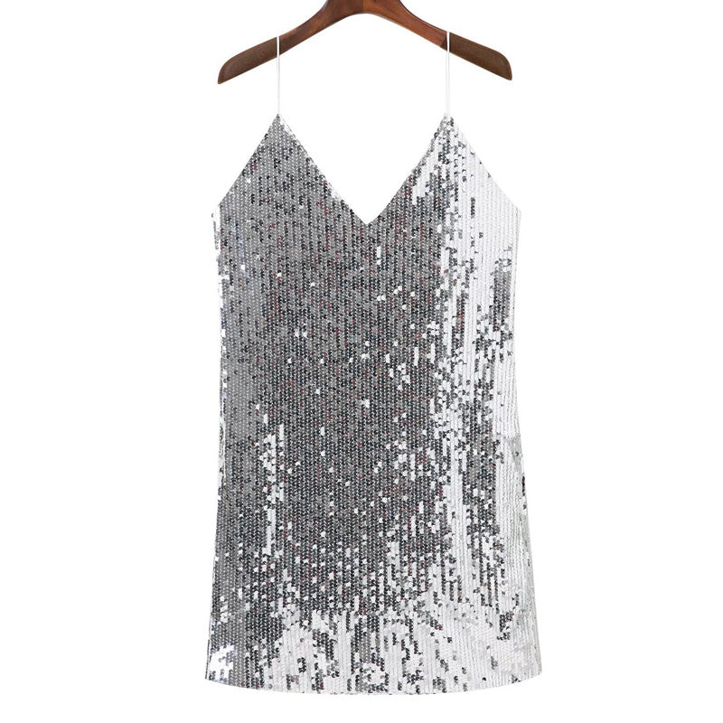 Silver Sequined Backless Mini Dress