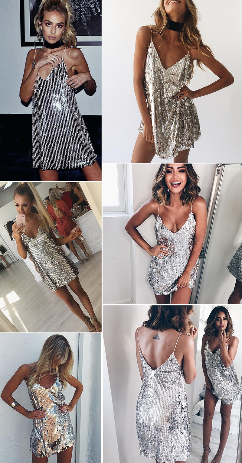 Silver Sequined Backless Mini Dress