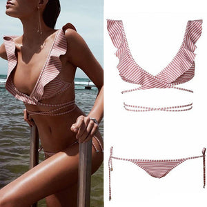 Pink Striped Split Bikinis