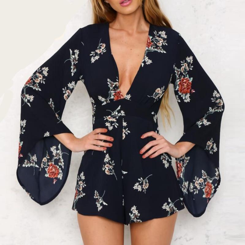 "Haley Rose" Floral V Neck Playsuits w/ Flare Sleeve