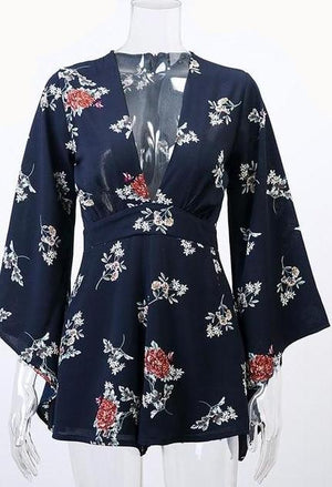 "Haley Rose" Floral V Neck Playsuits w/ Flare Sleeve