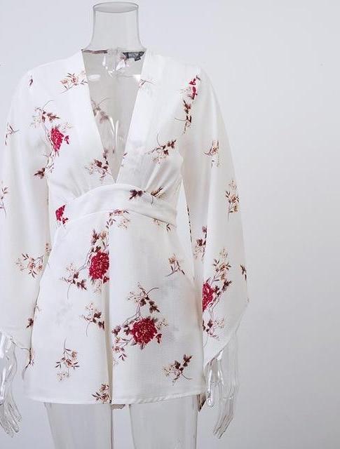 "Haley Rose" Floral V Neck Playsuits w/ Flare Sleeve