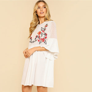 Ruffle Flower Embroidered Smock Dress