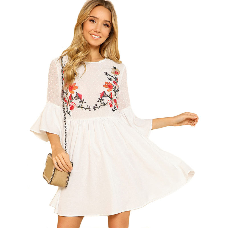 Ruffle Flower Embroidered Smock Dress