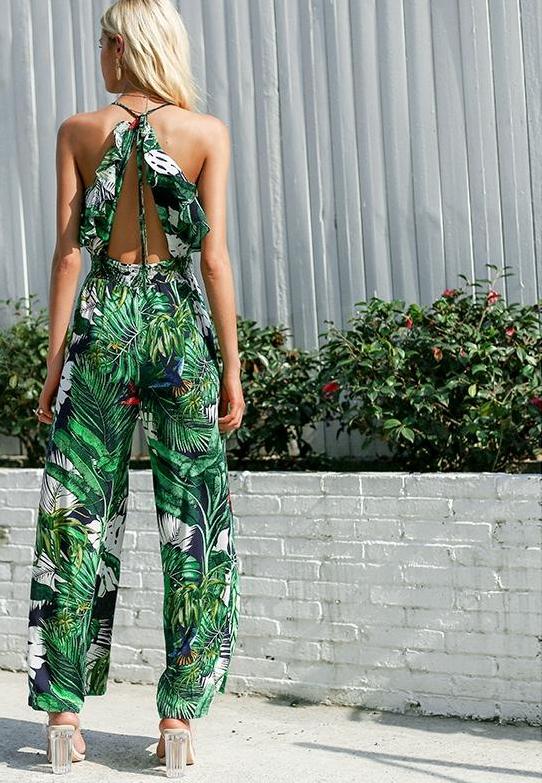 Jungle Girl Ruffle Leaf Print Jumpsuit