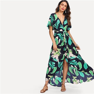 Resort Boho Jungle Print Wrap Maxi Dress