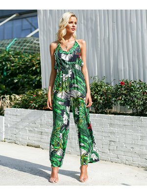 Jungle Girl Ruffle Leaf Print Jumpsuit