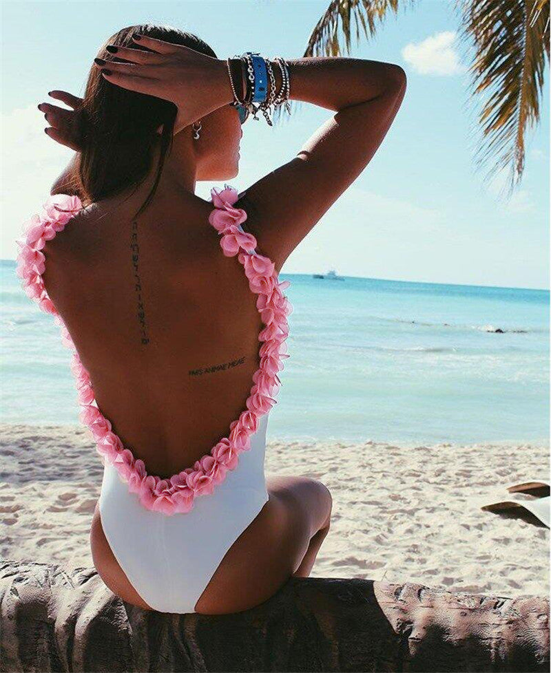 White Backless Strap Floral Swimsuit