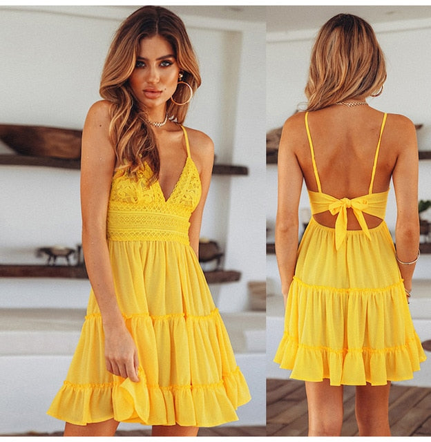 Lace Tie Back Dress - Yellow