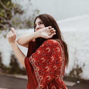 Red Floral Print Kimono Sleeve Mini Dress