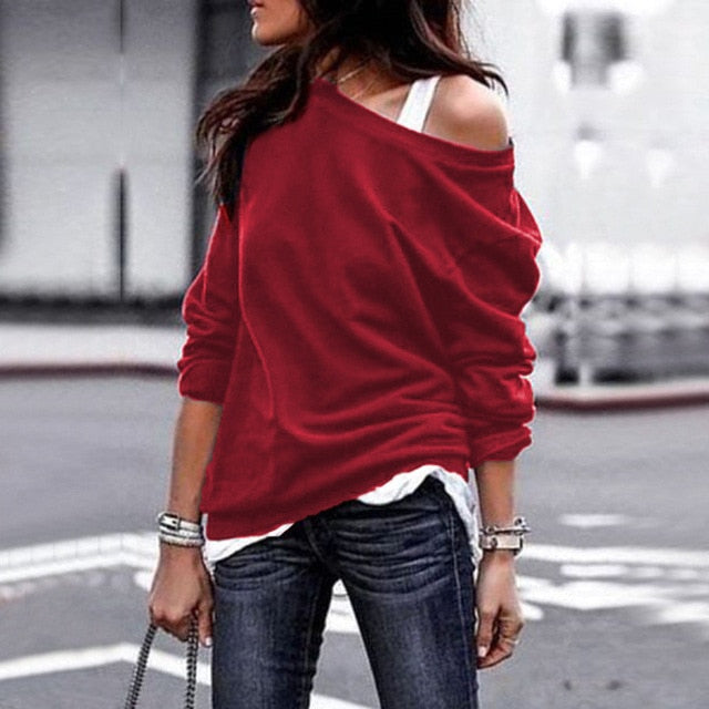 "80s Rock" Off Shoulder Sweatshirt - Red