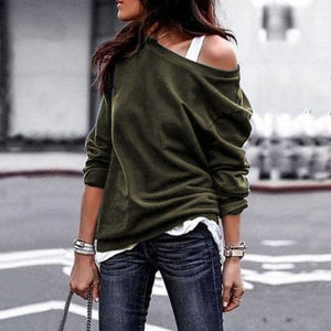 "80s Rock" Off Shoulder Sweatshirt - Army Green