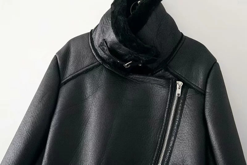 Vegan Leather Suede Leather/Faux Fur Moto Jacket